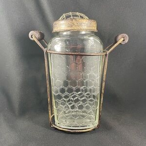 Rustic Glass Honeycomb Vase With Metal Carrier and Flower Frog Countrycore